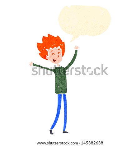 retro cartoon happy ginger boy with speech bubble