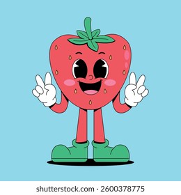 Retro cartoon happy strawberry mascot	
