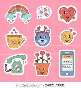 Retro cartoon happy Valentines day stickers pack for daily planner, diary. Valentine's day sticker badges, labels. Groovy hippie love stickers. Collection of scrapbooking elements for valentines day.