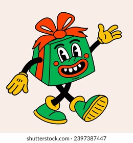 Retro cartoon happy yellow Christmas gift