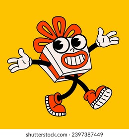 Retro cartoon happy yellow Christmas gift