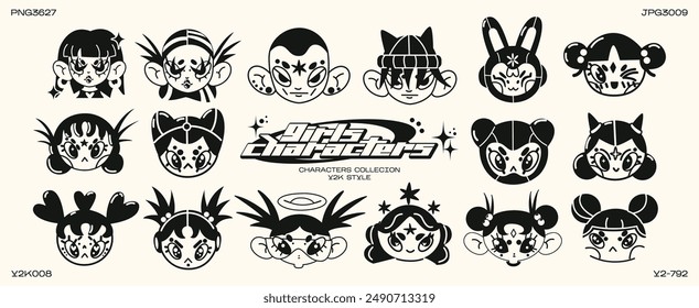 Retro cartoon heads character in Y2K style. Cyber girls with stars for 90s design. Collection of vector funky futuristic objects	