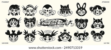 Retro cartoon heads character in Y2K style. Cyber girls with stars for 90s design. Collection of vector funky futuristic objects	