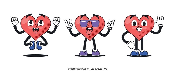 Retro Cartoon Heart Characters Exude Charm With Their Whimsical, Vintage Designs. Cute Personages With Expressive Faces