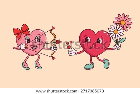 Retro Cartoon Hearts Cupid's Aim and Blooming Love