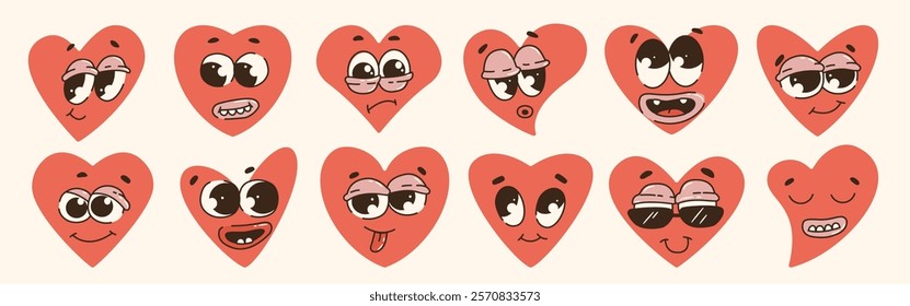 Retro Cartoon Hearts Emoji Set. Cute groovy 60s-70s  hippie characters style in various emotions and poses. Valentine's Day. Vector illustration