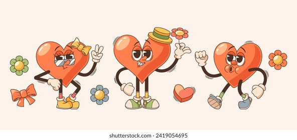 Retro Cartoon Hearts With Googly Eyes, Vibrant Colors, And Charming Smiles, Spreading Love And Joy On Valentine Day