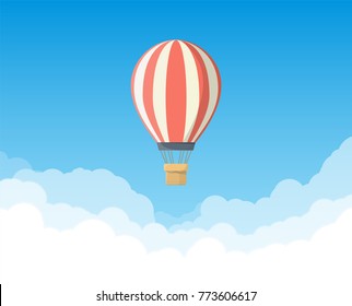 Retro cartoon hot air balloon flying up in the sky. White clouds and blue sky. Travel and transportation banner. Romantic adventure and outdoor activity and discovery.