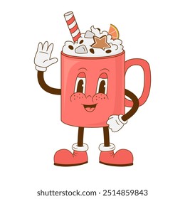 Retro cartoon hot chocolate character vector illustration. Vintage cappuccino mascot. Christmas, Happy New year banner, menu, sale
