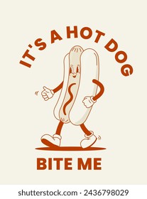 Retro cartoon hot dog character vector illustration. Vintage bratwurst mascot. Funny fast food poster