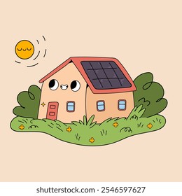 Personaje de casa de dibujos animados retro con paneles solares. Hogar inteligente respetuoso del medio ambiente. Concepto de fuente de energía renovable.  Vector dibujado a mano ilustración.