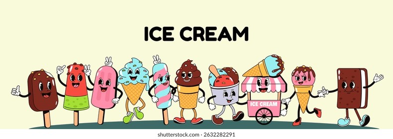 Banner retrô de sorvete de desenho animado. Caracteres engraçados de sorvete, picolé de chocolate e gelato leite gelado doce e sobremesa frutada. Mascote bonito kawaii para cartaz vetorial.