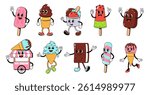 Retro cartoon ice cream characters. Funny smiling popsicle, ice cream cone, cup and sandwich with hands and legs. Groovy dessert mascots, old animation style sweet food vector set.