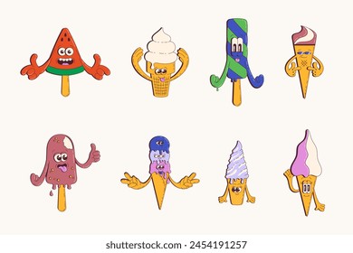 Retro Cartoon Ice Cream Collection. Set of groovy Ice Cream mascot characters with cute smilling faces and hands. Sweet food vector illustration.