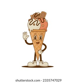 Retro cartoon Ice cream cone character. Vector illustration. Vintage sweet food mascot. Nostalgia 60s, 70s, 80s