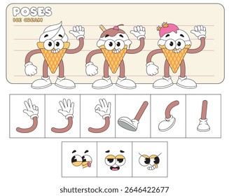retro cartoon ice cream set with chocolate, vanilla, strawberry flavors. mascot for packaging, labels, branding. vintage characters with various hands, feet and expressions