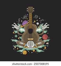 retro cartoon illustration of acoustic guitar in the space