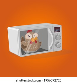 ilustración retro de un pollo en un horno microondas