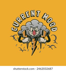 retro cartoon illustration of cloudy clouds holding back lightning