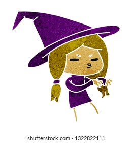 retro cartoon illustration of a cute witch kawaii girl