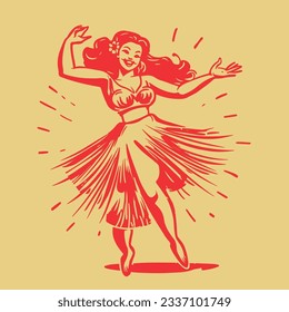 retro cartoon illustration of a dancing hula girl