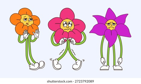 Retro-Cartoon-Illustration mit drei anthropomorphen Blumen, die verschiedene Zustände von Traurigkeit und Sorge ausdrücken, dargestellt mit klassischem Vintage-Animationsstil.