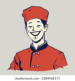 Retro-Cartoon-Illustration eines glücklichen asianischen Chefkochs mit schlichtem Gesicht