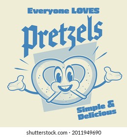 retro cartoon illustration of a happy bavarian pretzel