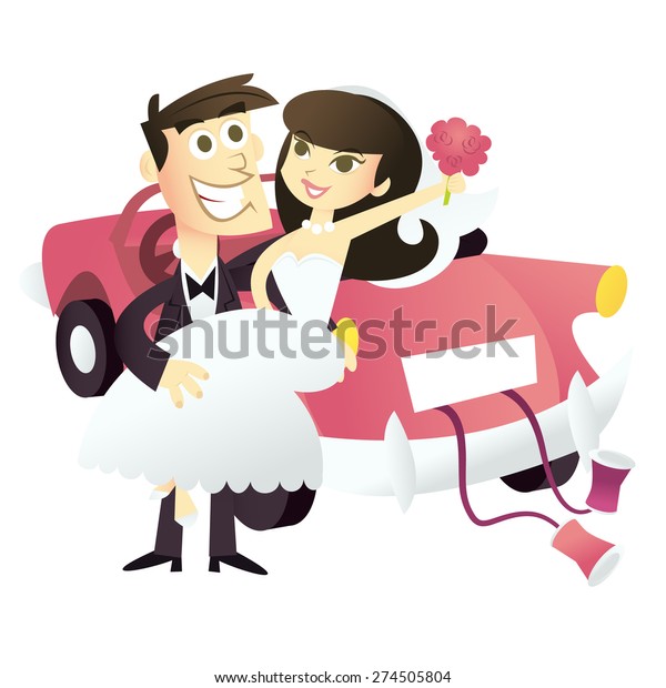 A retro cartoon illustration of happy bride and\
groom who are just married.