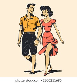 retro cartoon illustration of a happy couple in summer outfit