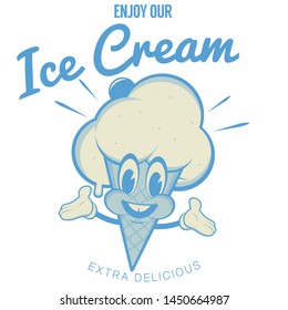 retro cartoon illustration of a happy ice cream cone mascot