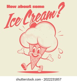 retro cartoon illustration of a happy ice cream cone