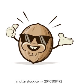 retro cartoon illustration of a happy nut with sunglasses