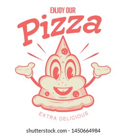 retro cartoon illustration of a happy pizza piece mascot