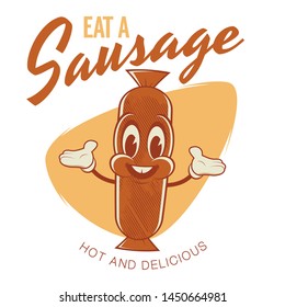 retro cartoon illustration of a happy sausage mascot