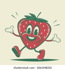 retro cartoon illustration of an happy strawberry