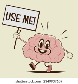 retro cartoon illustration of a happy walking brain with use me sign