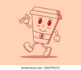 Retro cartoon illustration of a happy walking cup of coffee mascot vector design template