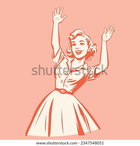 retro cartoon illustration of a happy woman raising her hands