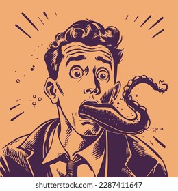 retro cartoon illustration of man with a kraken tentacle in his mouth