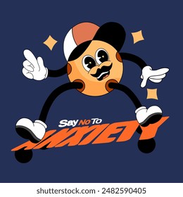 retro cartoon illustration of a skateboarding cool teen emoji gleefully gliding, with the empowering message "Say No to Anxiety" boldly displayed beneath their board.