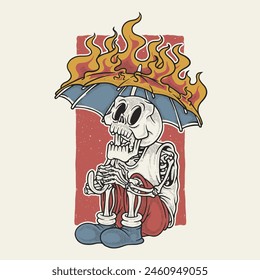 retro cartoon illustration of skeleton takes refuge in burning umbrella