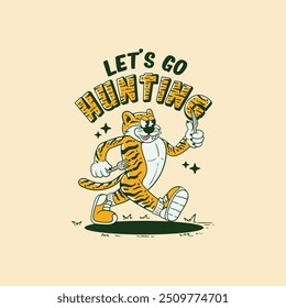 ilustração de desenho animado retro de um tigre segurando um garfo para a caça