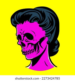 retro cartoon illustration of woman with skull head