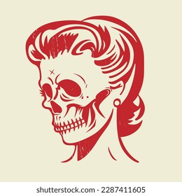 retro cartoon illustration of woman with skull head