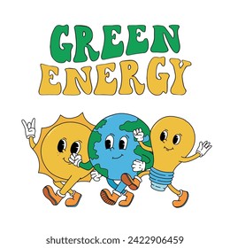 Retro cartoon illustrations of planet earth, sun and electric light bulb decorated with lettering quote Green Energy for earth day posters, stickers, cards, prints, etc. Environment day theme. EPS 10