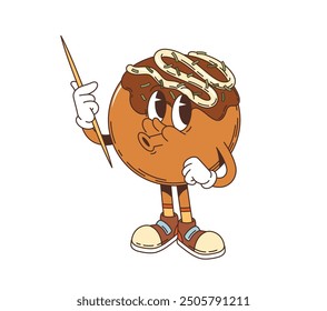 Retro cartoon Japanese Takoyaki groovy character with funny face, vector funky comic. Groovy Takoyaki snack happy whistling with sauce and toothpick, Japanese food character in retro cartoon