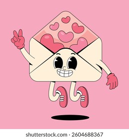Retro cartoon jumping love letter mascot