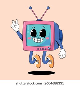 Retro cartoon jumping vintage television mascot