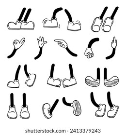 Retro cartoon legs, arms gestures and hands poses. Animation body parts vector set